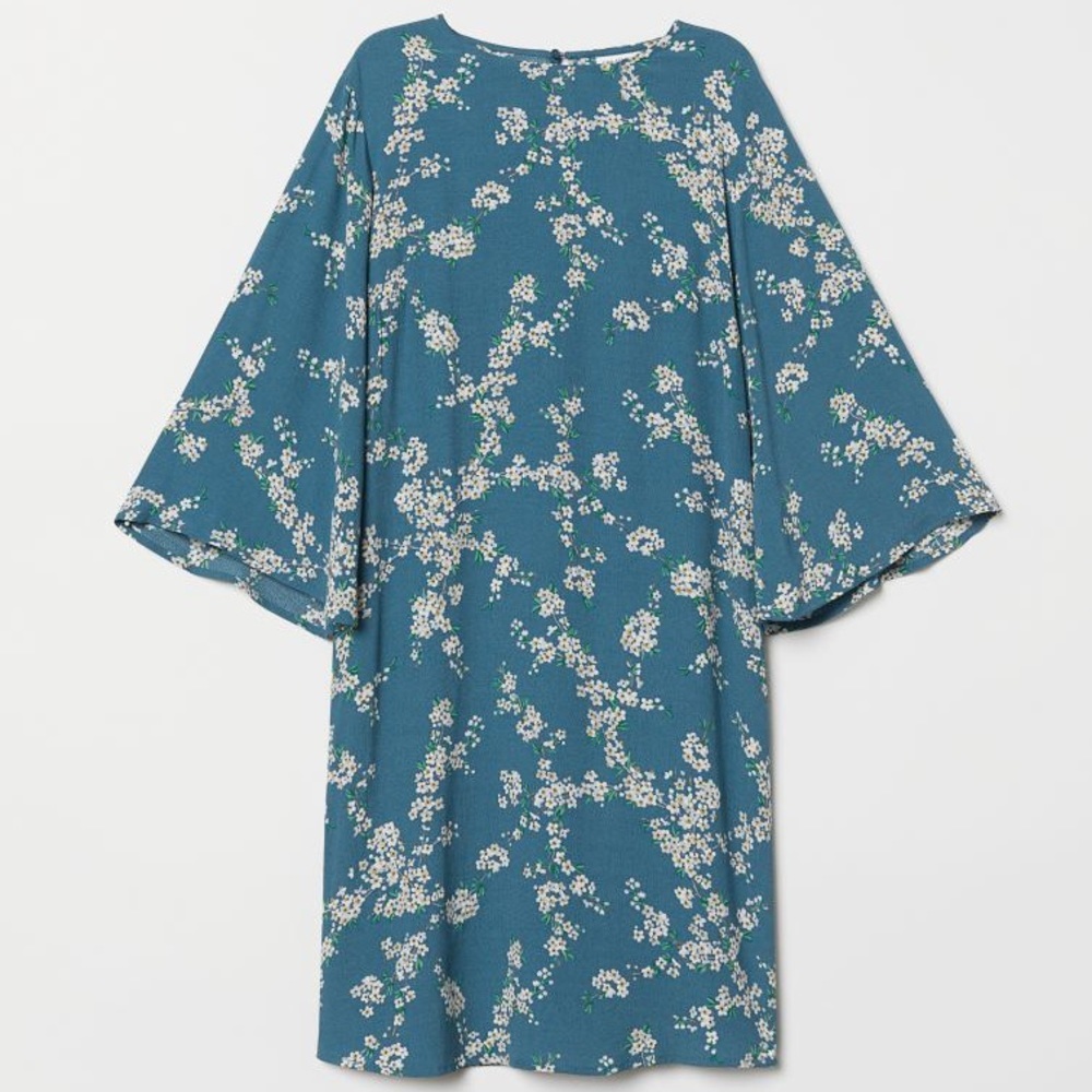 GP & J Baker X H&M Dress Size 2 Mini Dusky Blue & Floral Trumpet Sleeves NWT